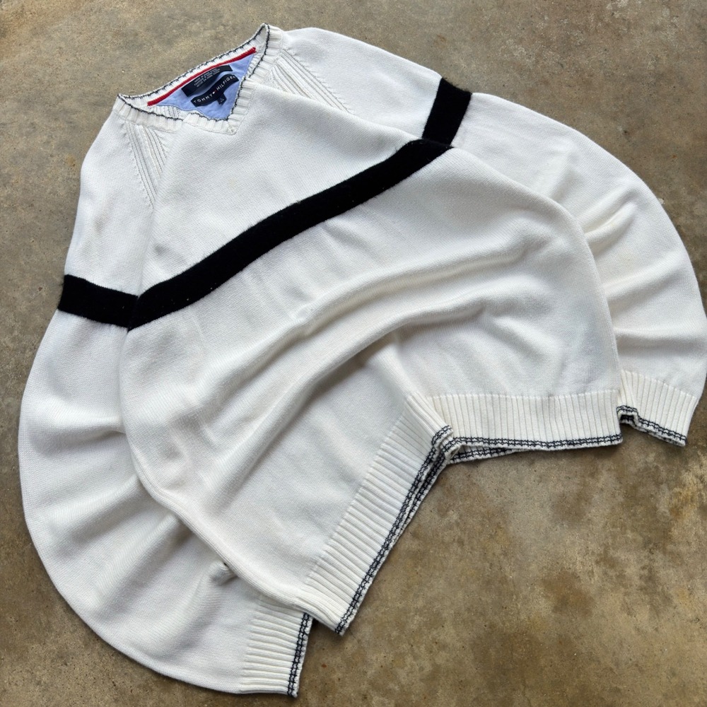 Vintage 90s Tommy Hilfiger Surf Striped Sweater Preppy White Large (i4)